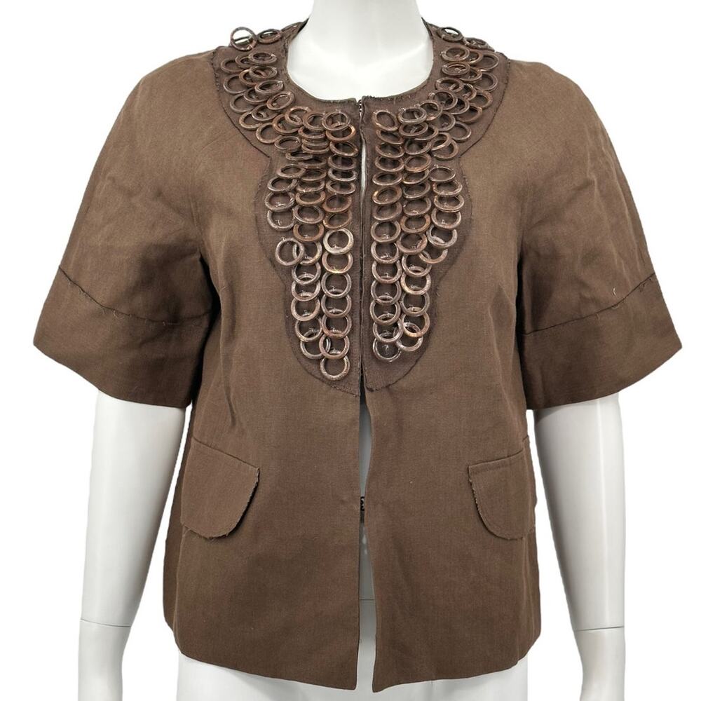Vintage Milly of New York Jacket Womens 6 Brown Embellished Linen Blazer Artsy